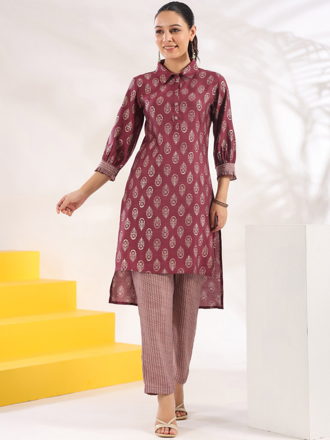 

Yufta Printed Shirt Collar Tunic with Trousers, Purple