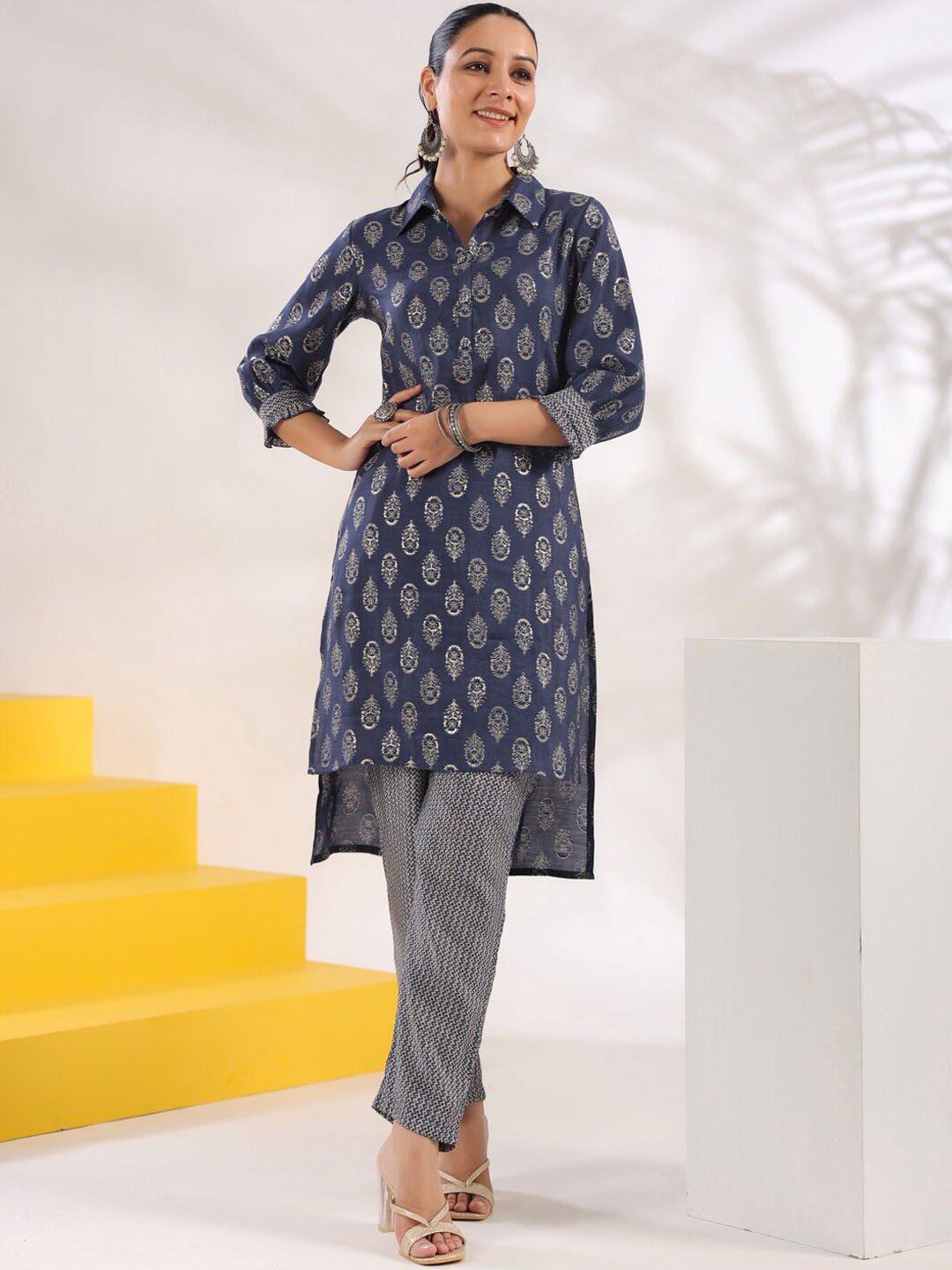

Yufta Ethnic Motifs Printed Shirt Collar Co-Ords, Blue