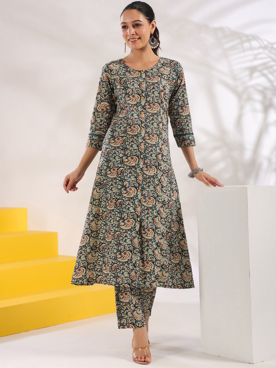 

Yufta Ethnic Motifs Printed A-Line Pure Cotton Kurta with Trousers, Blue
