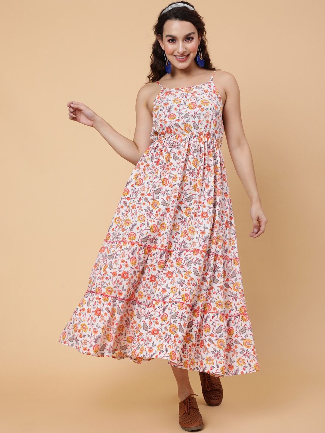

KIMAYRA Floral Printed Shoulder Strap Tiered Cotton Fit & Flare Midi Dress, White