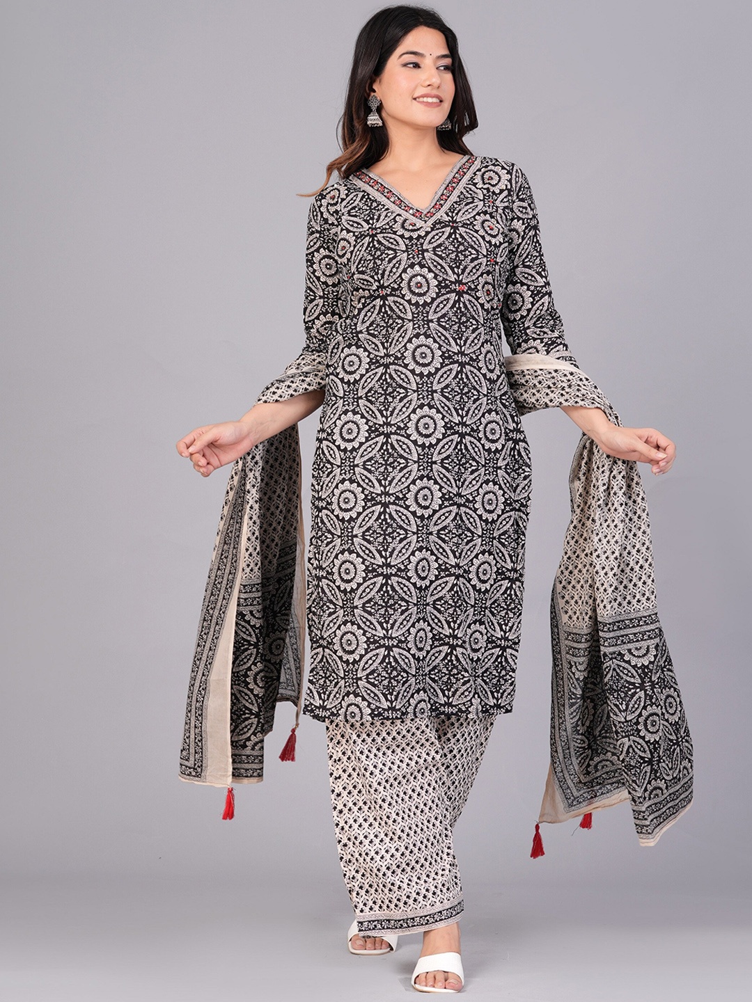 

KALINI Ethnic Motifs Printed Pure Cotton Kurta With Trousers & Dupatta, Black