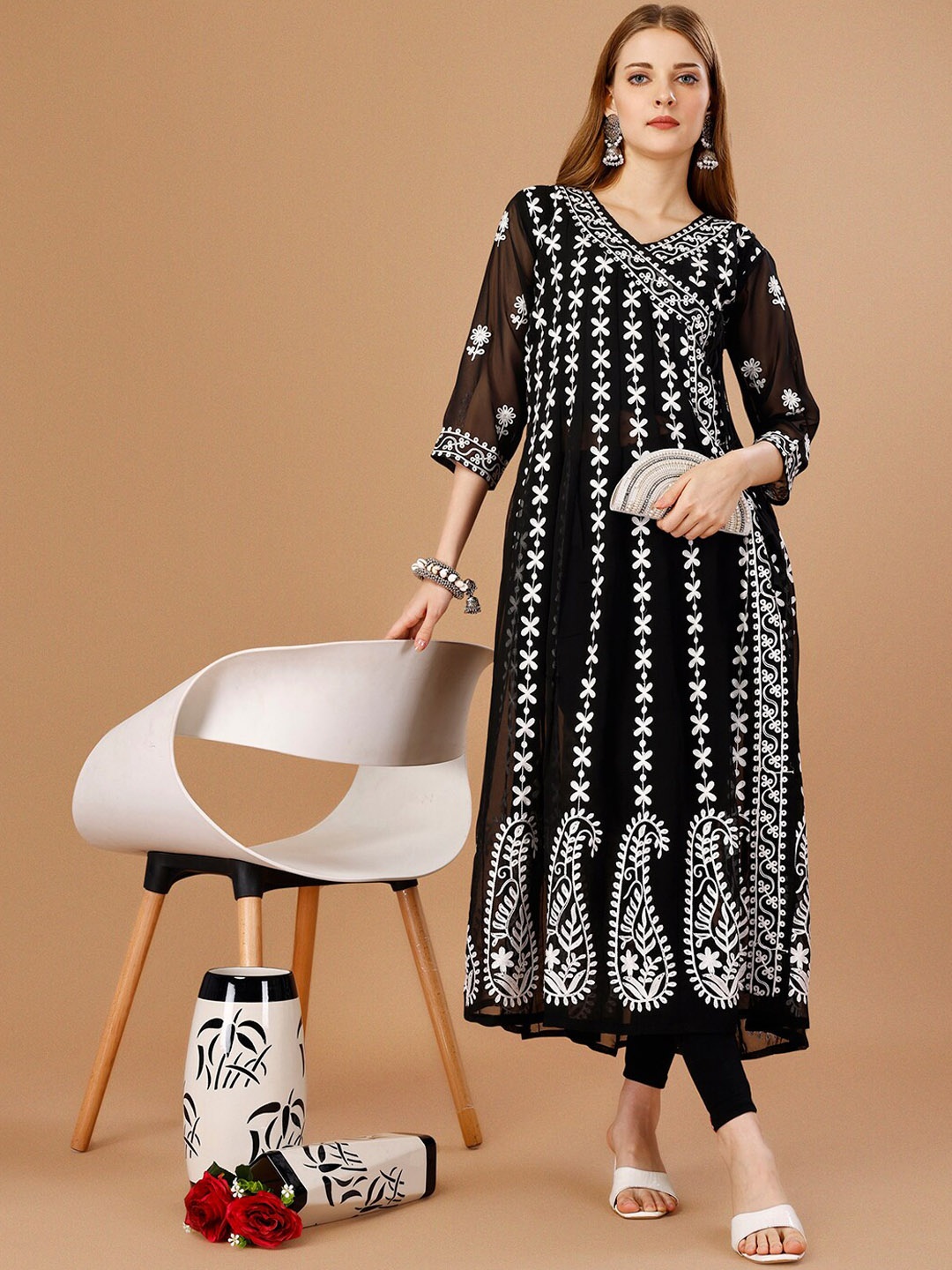 

Shree Ramkrishna Fab Ethnic Motifs Embroidered Chikankari Georgette Anarkali Kurta, Black