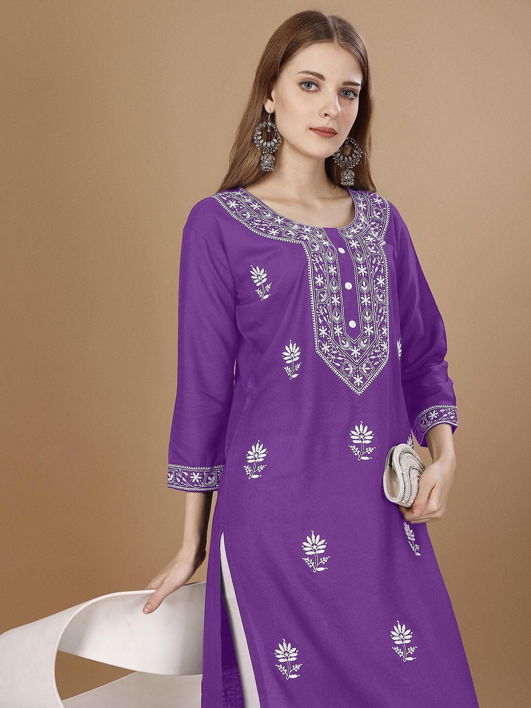

Shree Ramkrishna Fab Ethnic Motifs Embroidered Chikankari Straight Kurta, Violet