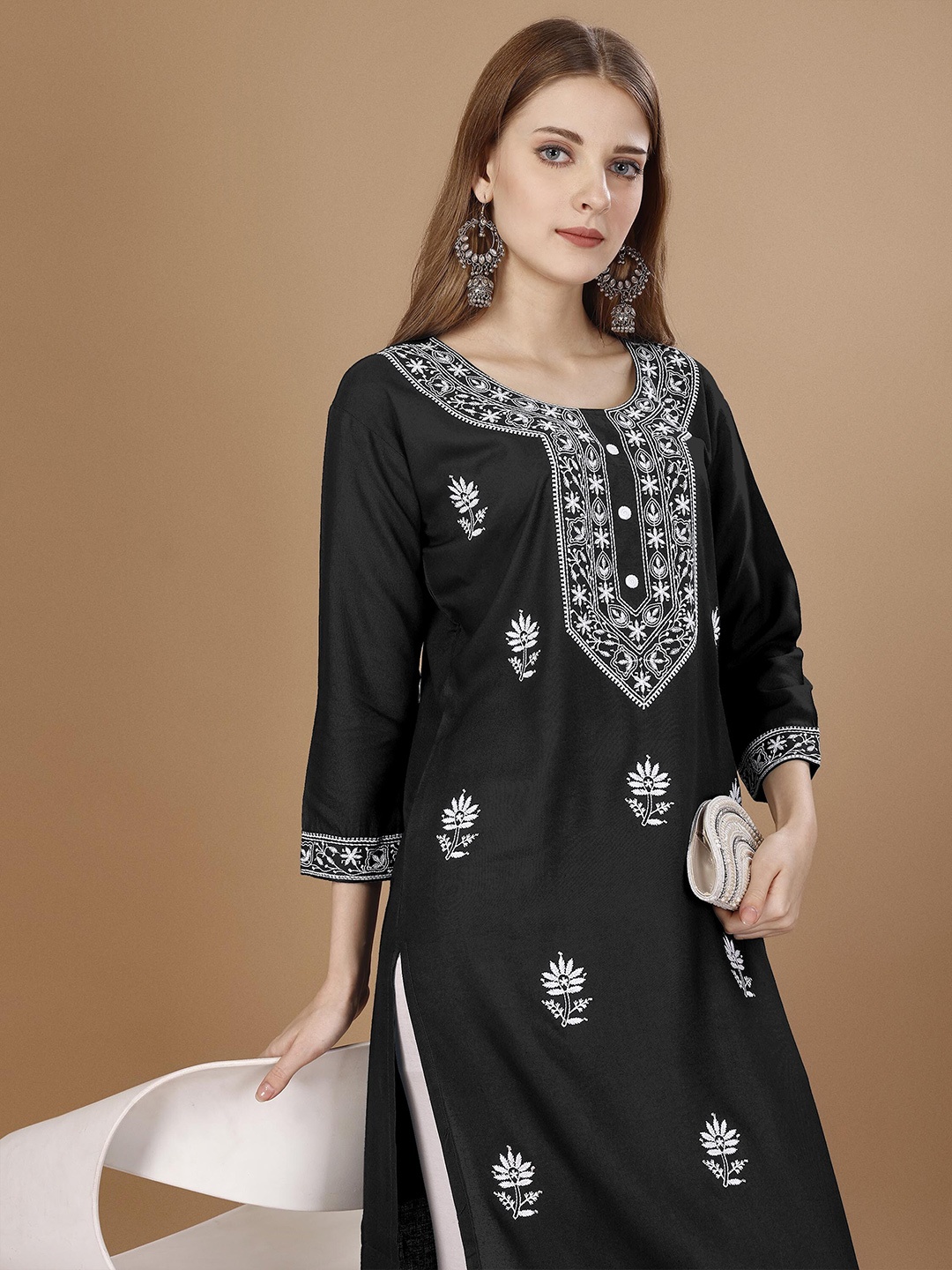 

Shree Ramkrishna Fab Ethnic Motifs Embroidered Chikankari Straight Kurta, Black