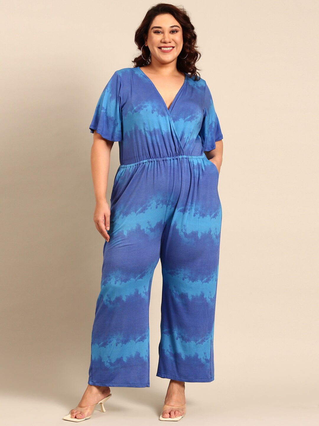 

The Pink Moon Plus Size Tie & Dye Basic Jumpsuit, Blue