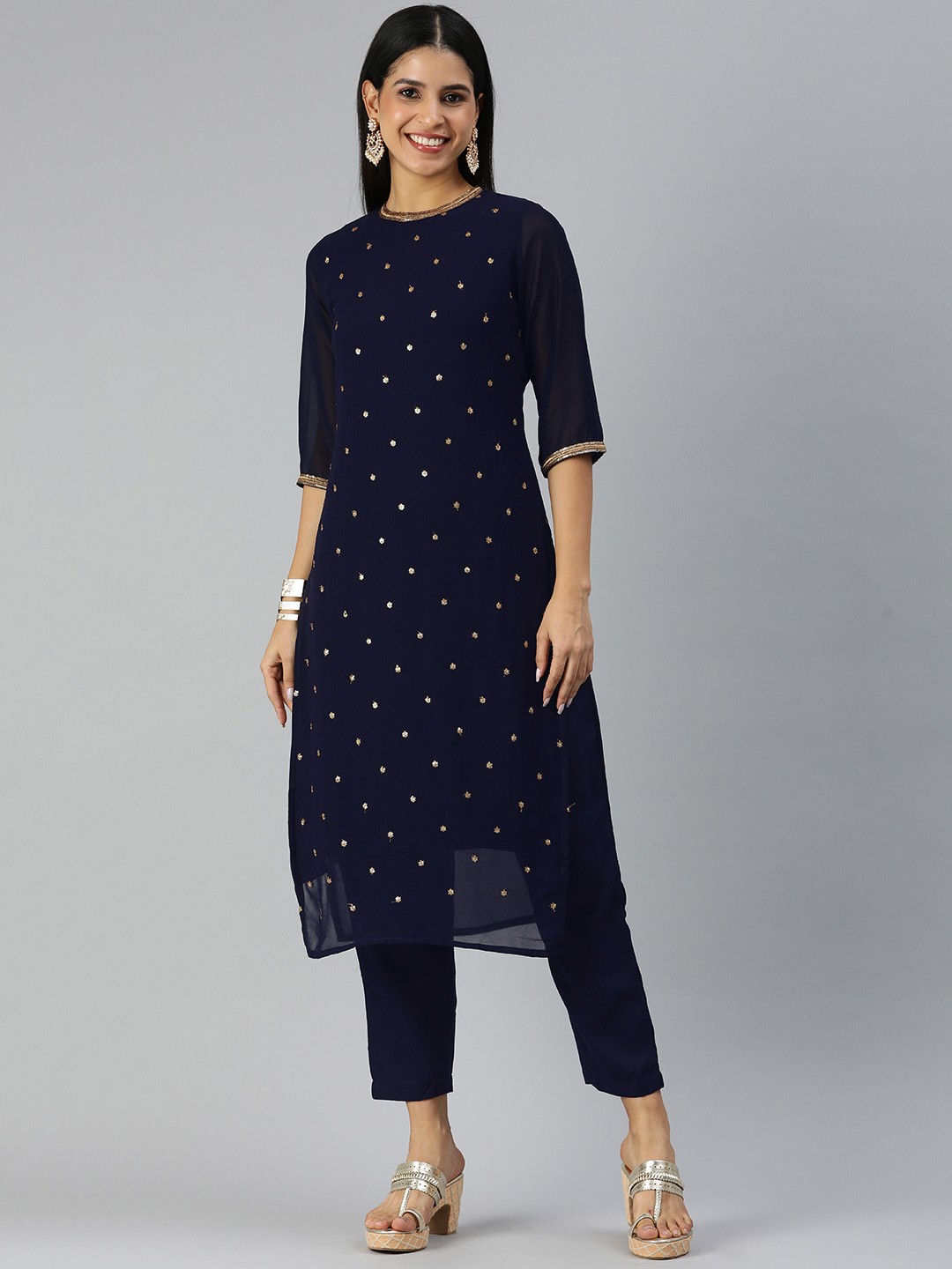 

KALINI Floral Embroidered Regular Sequinned Kurta with Trousers, Navy blue