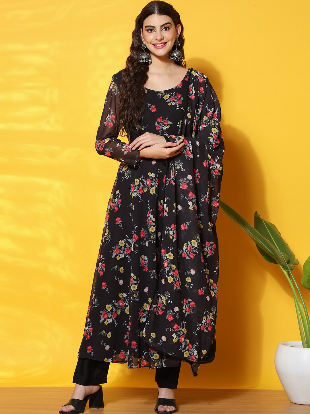 

BLACK SCISSOR Floral Printed A-Line Kurta With Dupatta