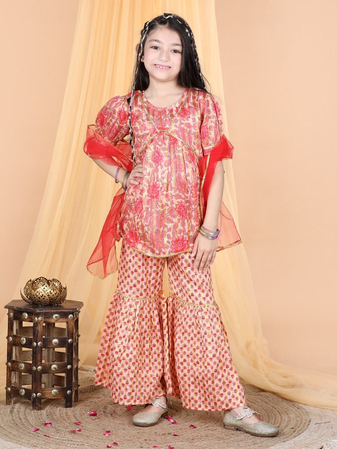 

Cutiekins Girls Floral Printed Gotta Patti Empire Kurti With Sharara & Dupatta, Peach