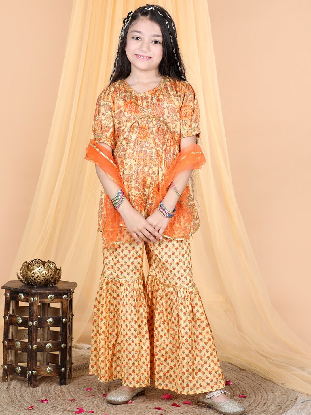 

Cutiekins Girls Floral Printed Empire Gotta Patti Kurta Sharara & Dupatta Set, Orange