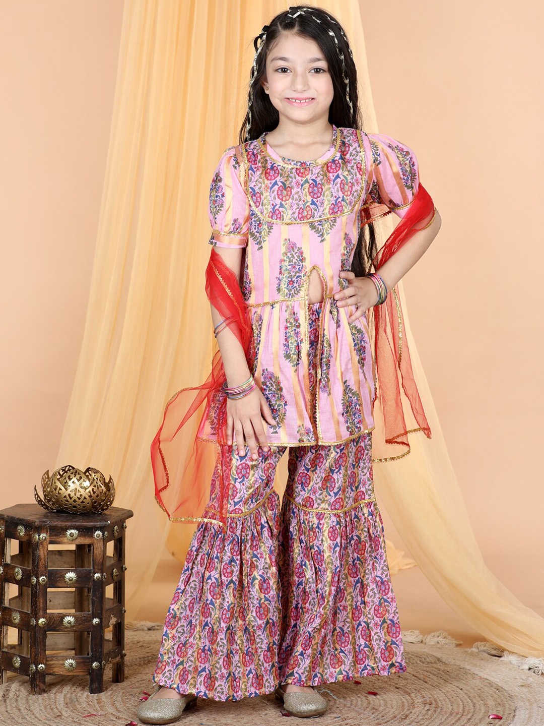 

Cutiekins Girls Floral Printed High Slit Gotta Patti Kurta With Sharara & Dupatta, Pink