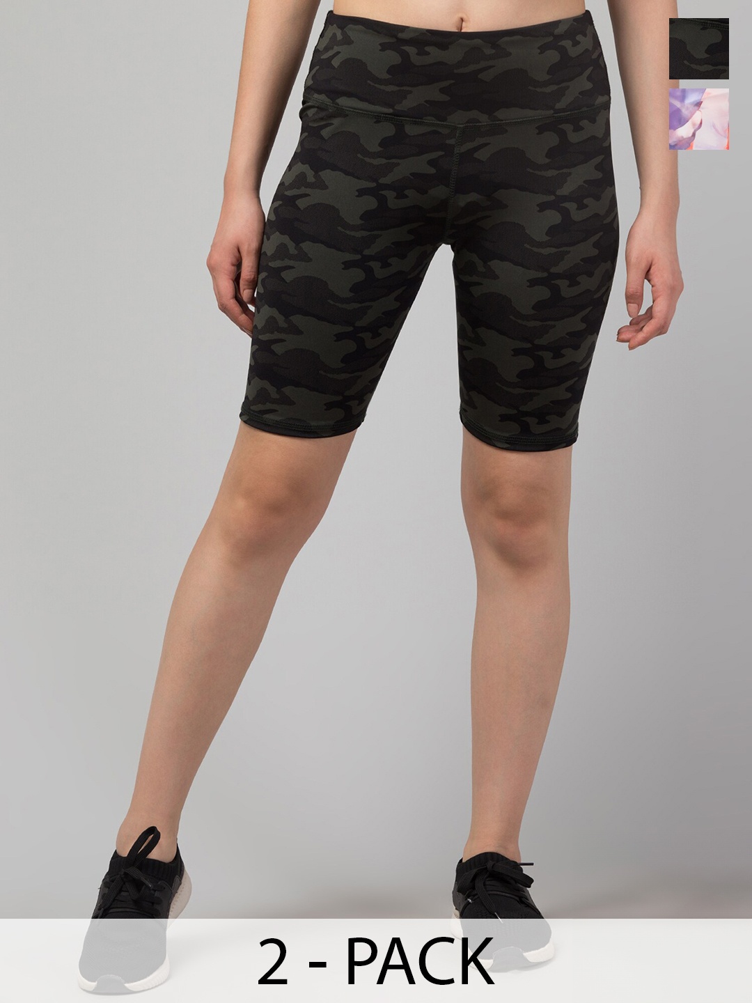 

Apraa & Parma Women Pack Of 2 Printed Skinny Fit Sports Shorts, Olive