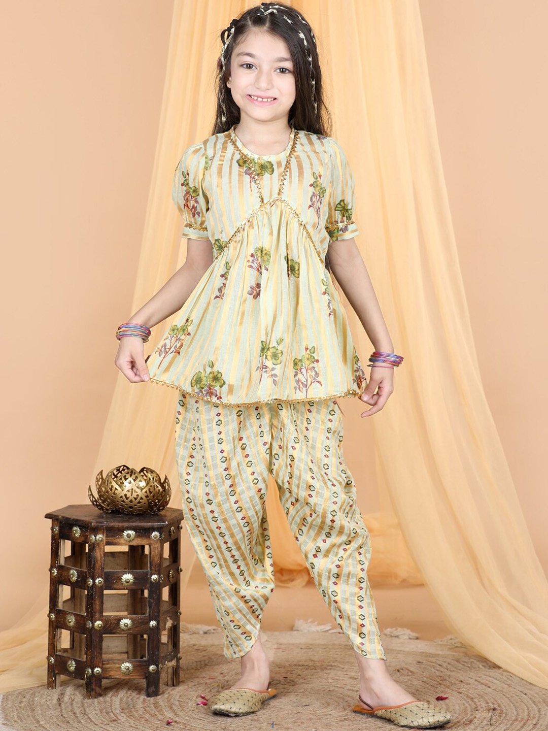 

Cutiekins Girls Floral Printed Empire Gotta Patti Kurti With Dhoti Pants, Lime green