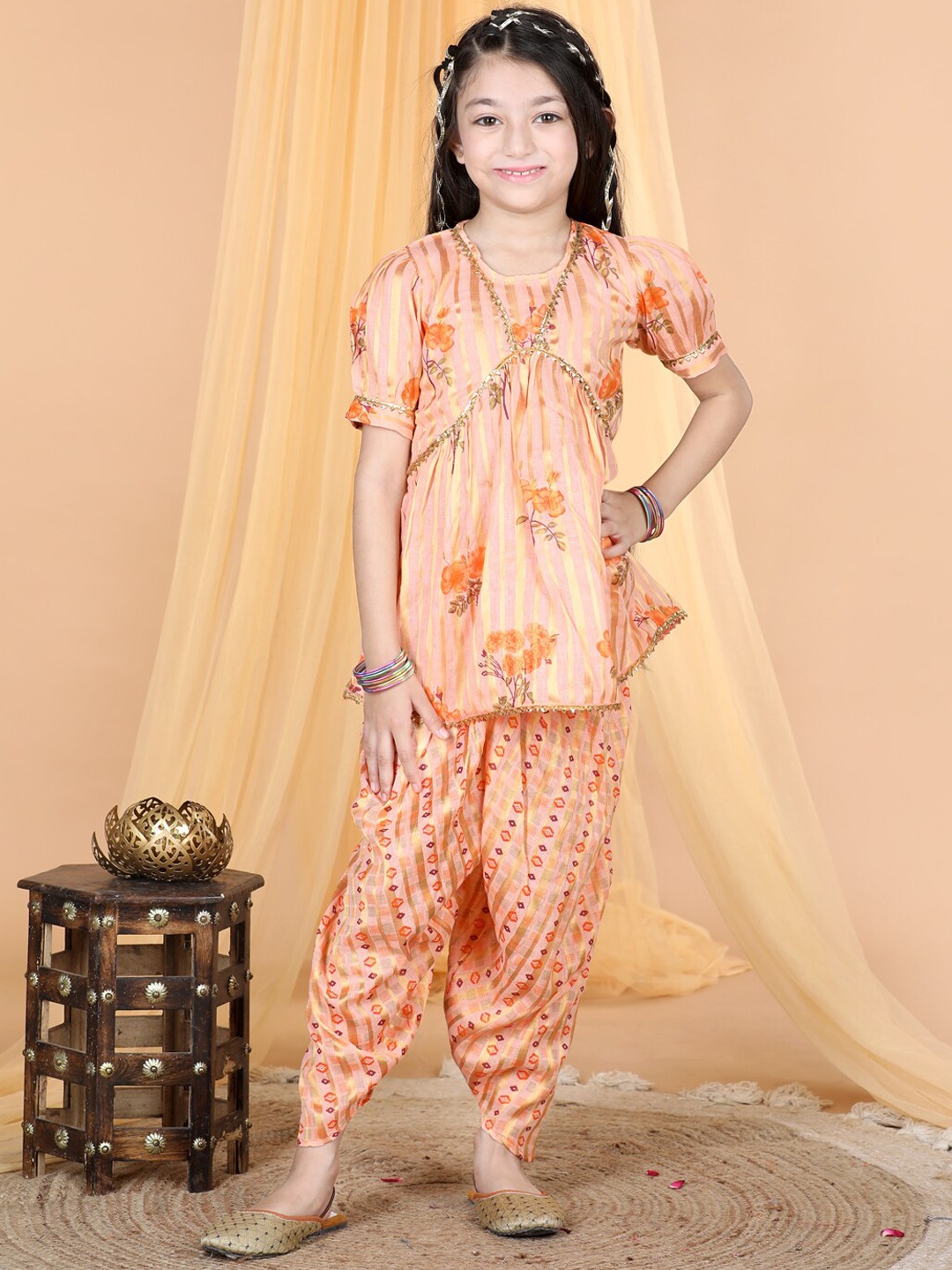 

Cutiekins Girls Floral Printed Empire Gotta Patti Kurti With Dhoti Pants, Orange