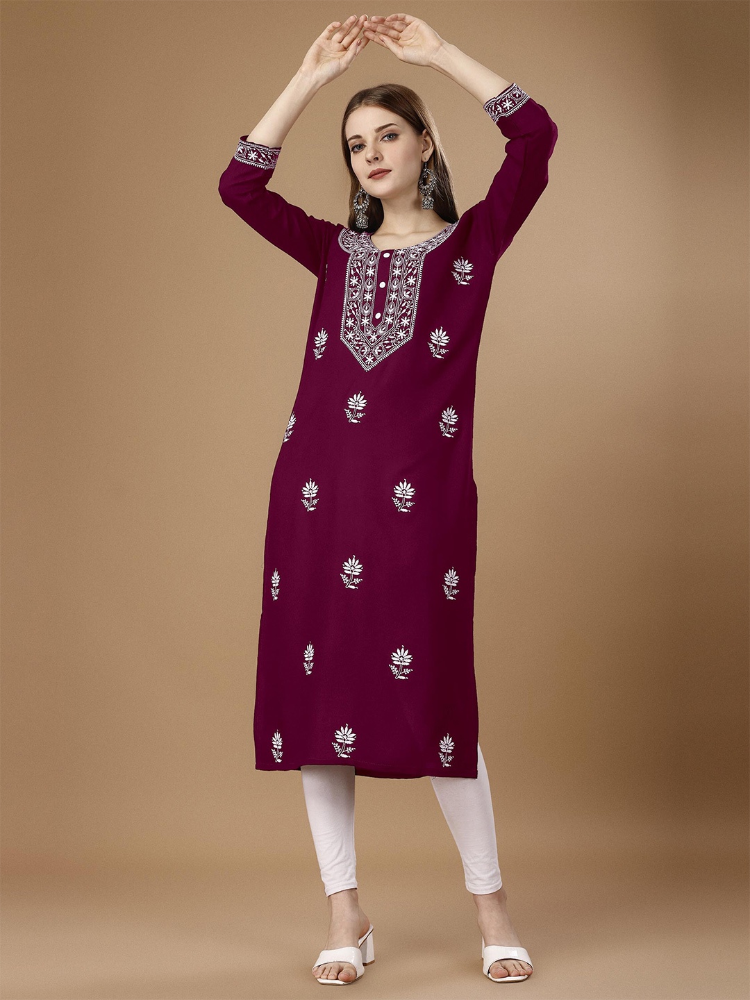 

FabFairy Floral Embroidered Straight Chikankari Kurta, Burgundy