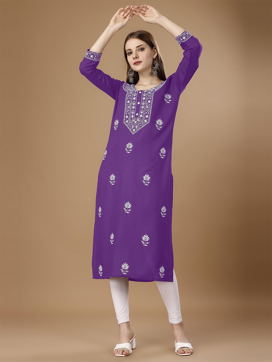 

FabFairy Floral Embroidered Chikankari Straight Kurta, Purple