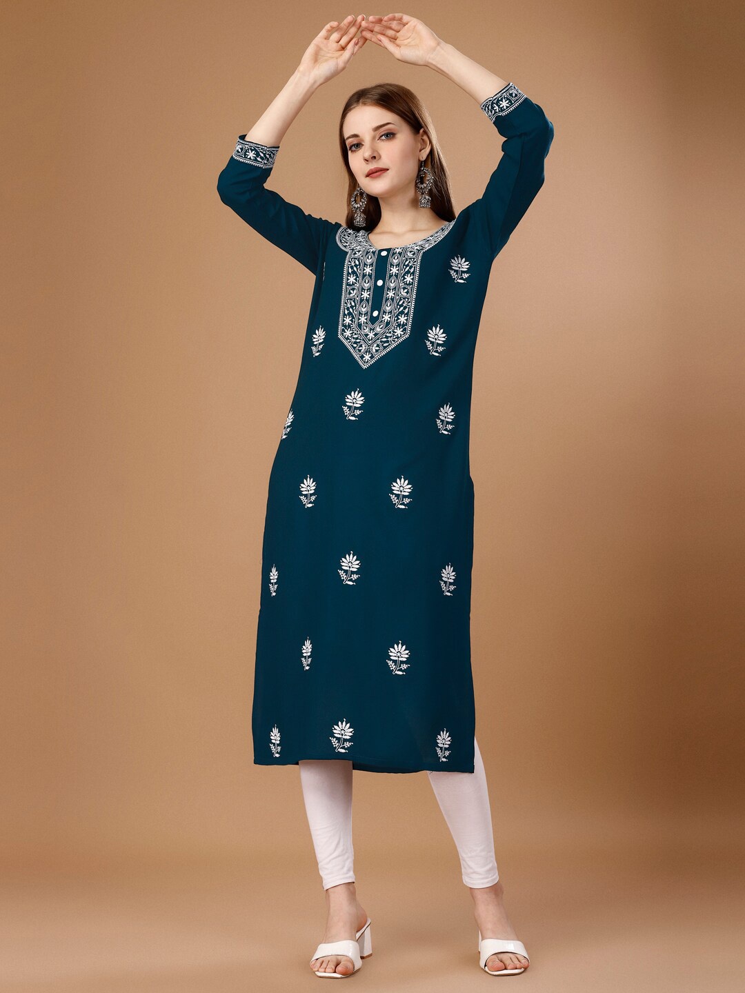 

FabFairy Floral Embroidered Straight Chikankari Kurta, Teal