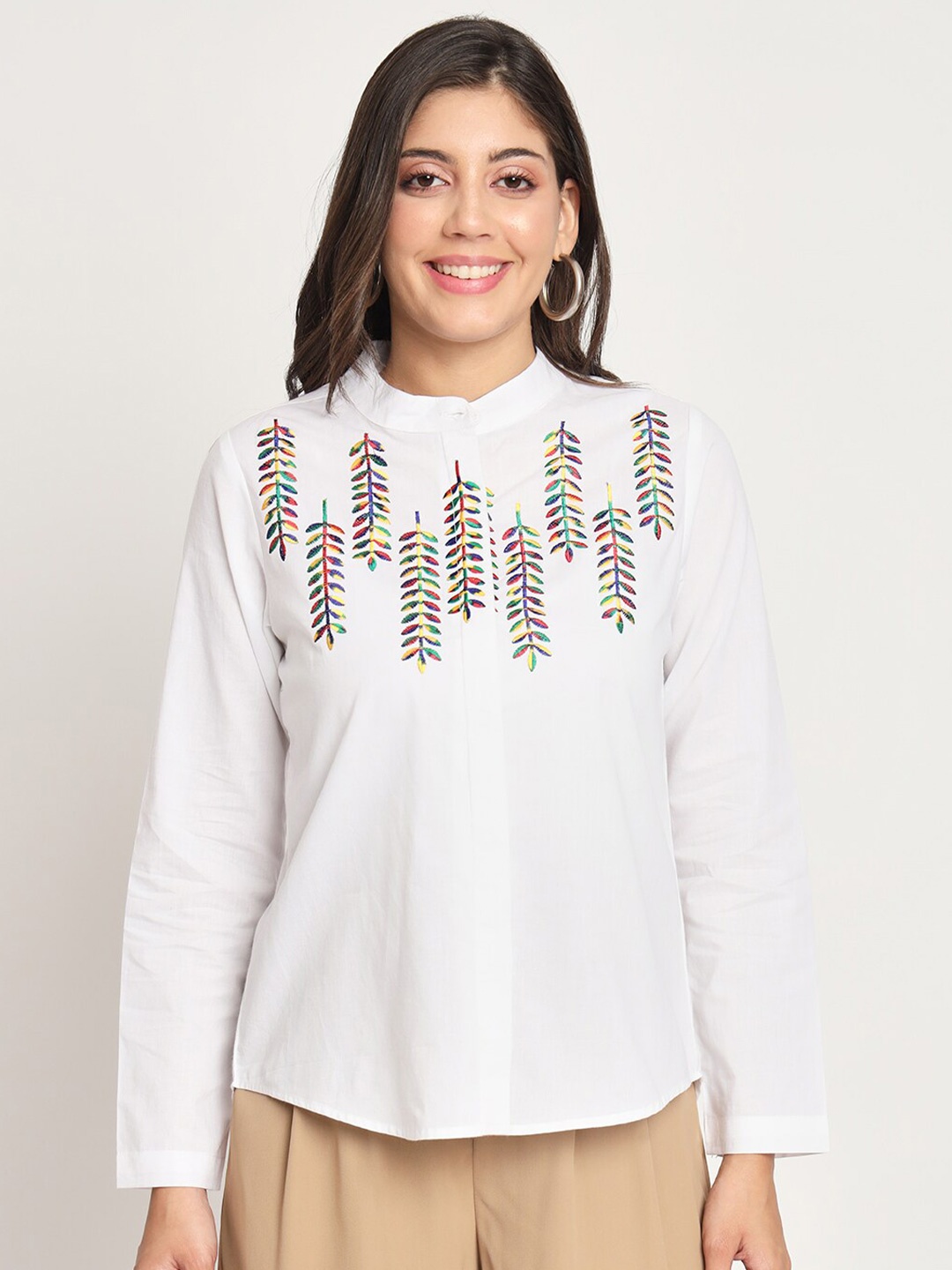 

CHARMGAL Classic Floral Embroidered Band Collar Cotton Casual Shirt, White
