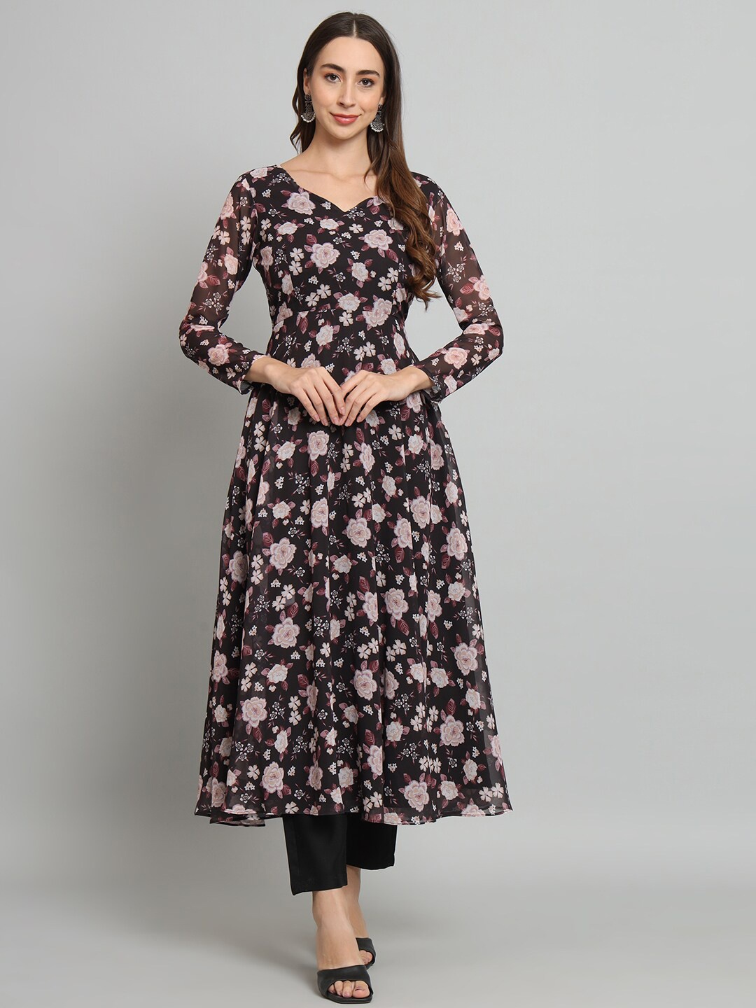 

KALINI Floral Printed V-Neck Anarkali Kurta, Black