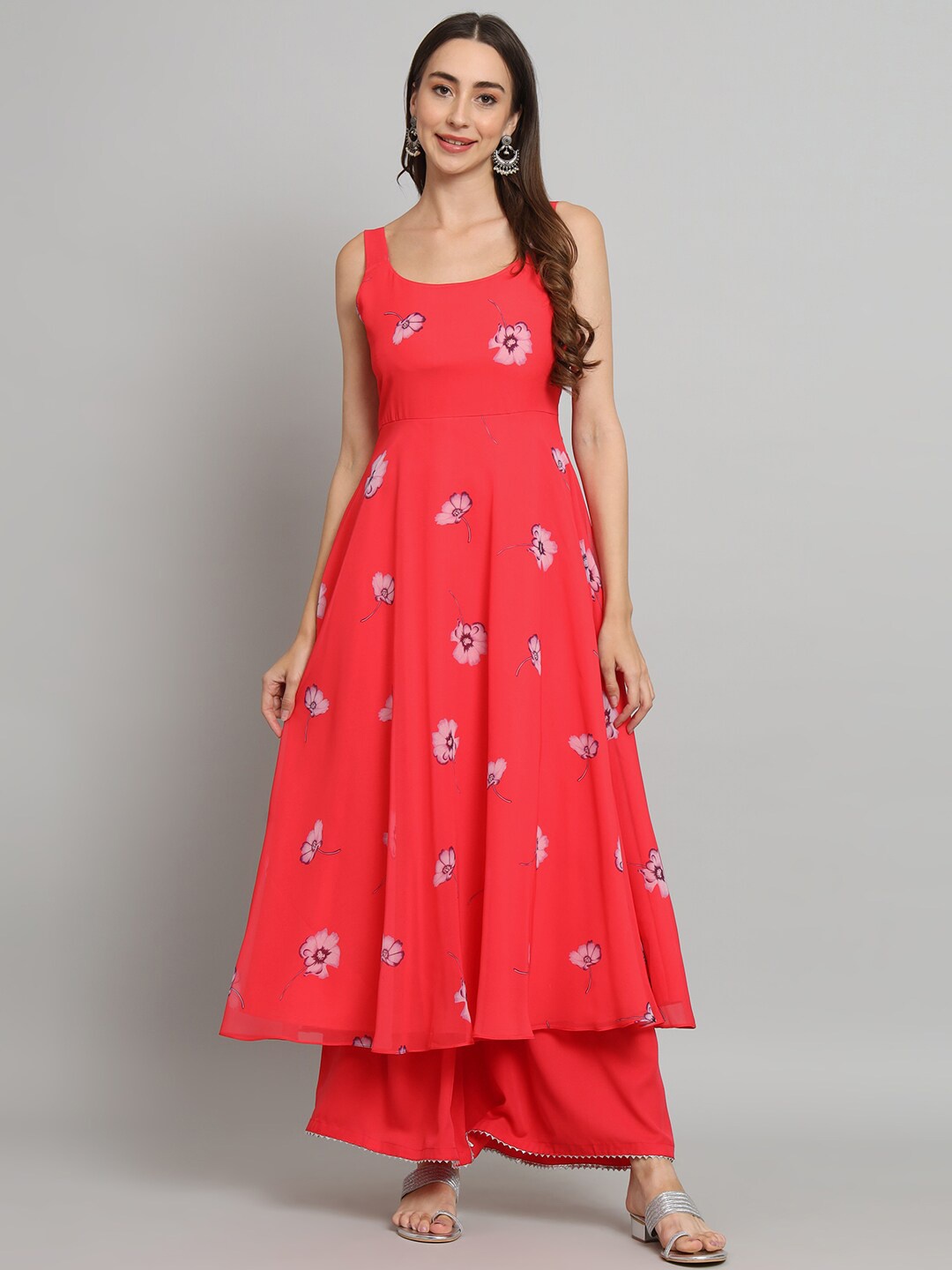 

KALINI Floral Printed Sleeveless A-Line Georgette Kurta, Pink