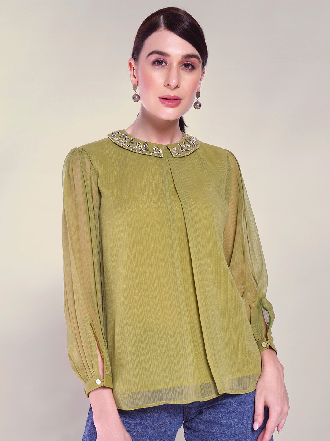 

DressBerry Green Peter Pan Collar Cuffed Sleeves Embroidered Detail Top