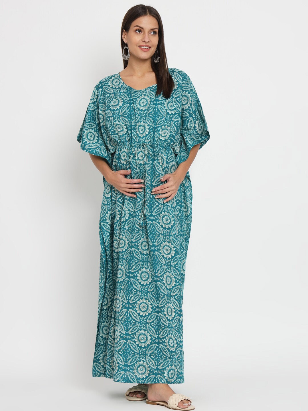

Aujjessa Ethnic Motifs Printed Flared Sleeves Tie-Ups Pure Cotton Kaftan Maternity Dress, Teal