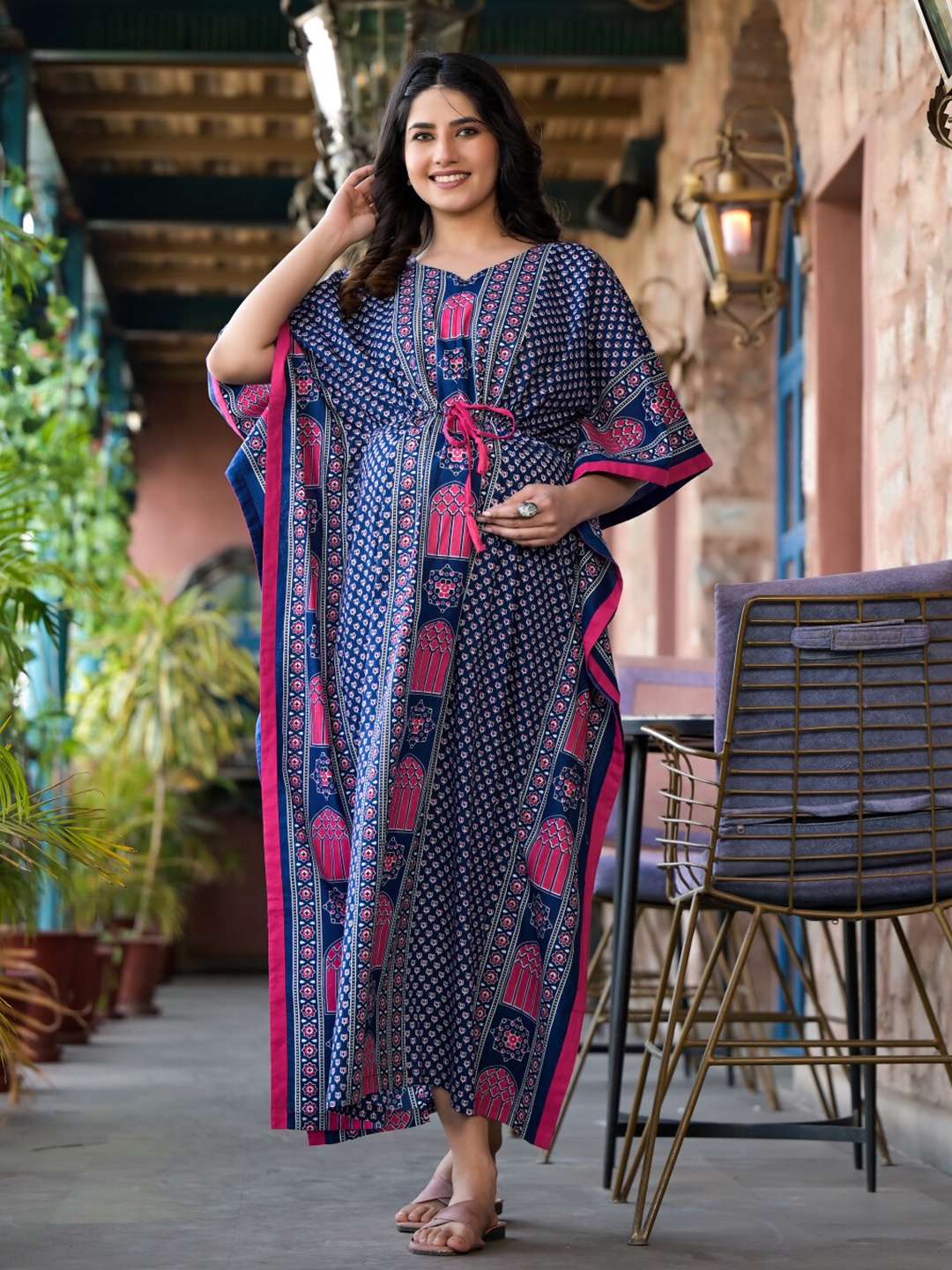 

Aujjessa Ethnic Motifs Printed V-Neck Tie-Ups Pure Cotton Kaftan Maternity Dress, Blue