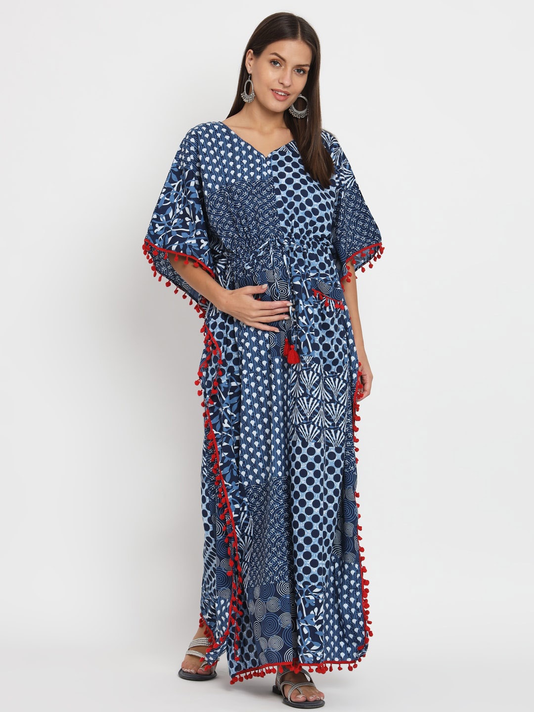 

Aujjessa Geometric Printed Flared Sleeves Tie-Ups Pure Cotton Kaftan Maternity Dress, Blue