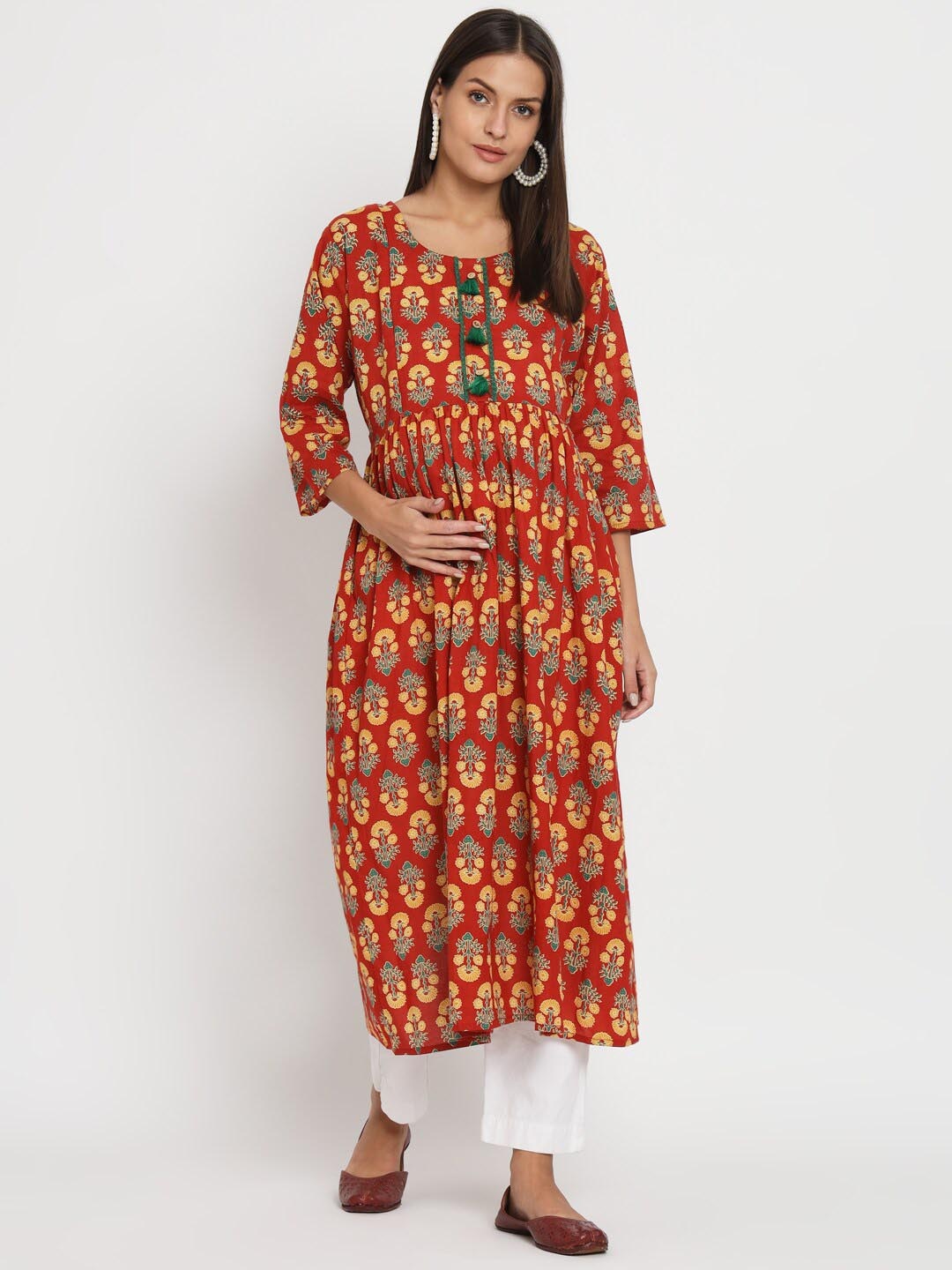 

Aujjessa Ethnic Motifs Printed Maternity And Feeding Pure Cotton A-Line Kurta, Red