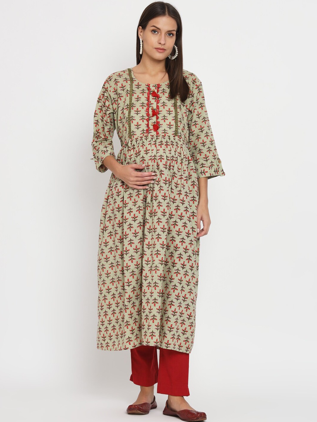 

Aujjessa Ethnic Motifs Printed Thread Work Maternity And Feeding Pure Cotton A-Line Kurta, Green