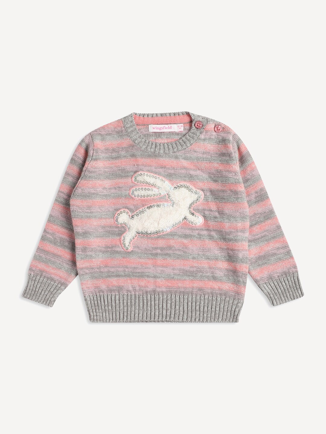

Wingsfield Girls Striped Embroidered Detail Acrylic Pullover, Grey
