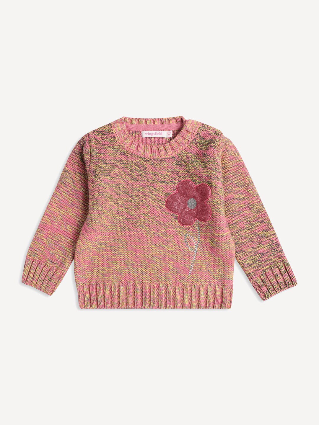 

Wingsfield Girls Round Neck Embroidered Pullover Sweater, Pink