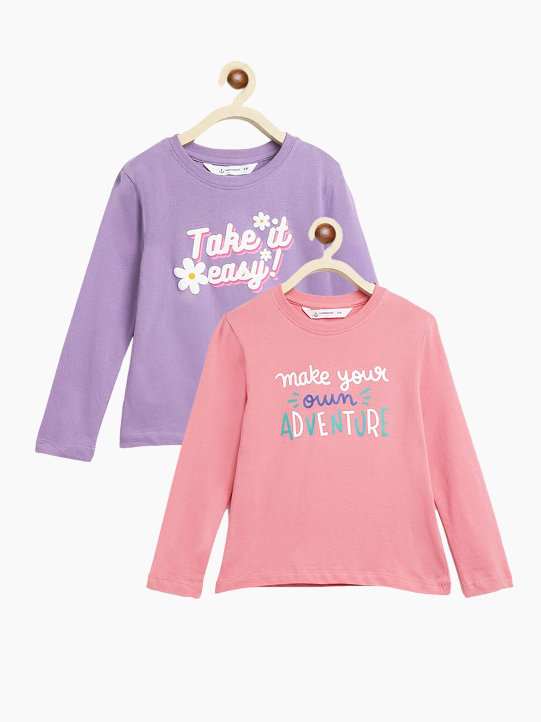 

Campana Girls Pack Of 2 Typography Printed Cotton T-shirt, Peach