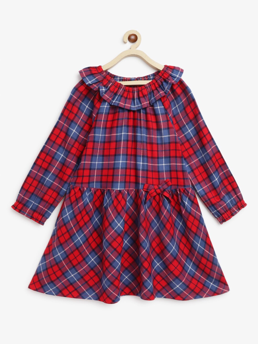 

Campana Girls Long Sleeves Knee Length Drop-Waist Checked Cotton Dress, Red