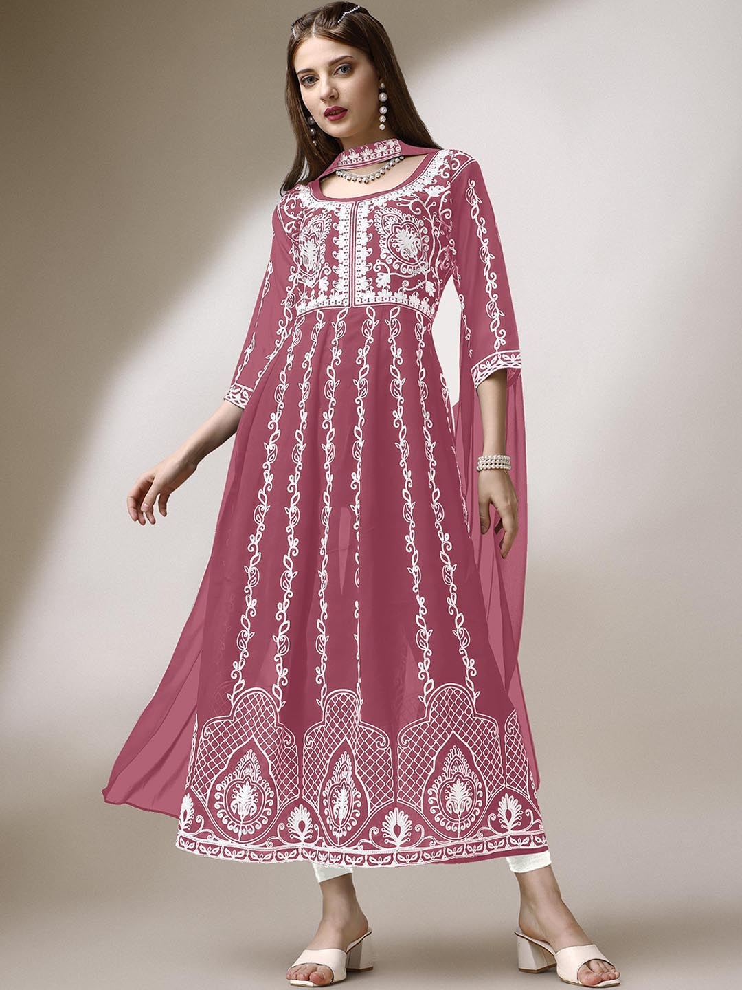 

Shree Ramkrishna Fab Ethnic Embroidered Chikankari Georgette Anarkali Kurta with Dupatta, Pink