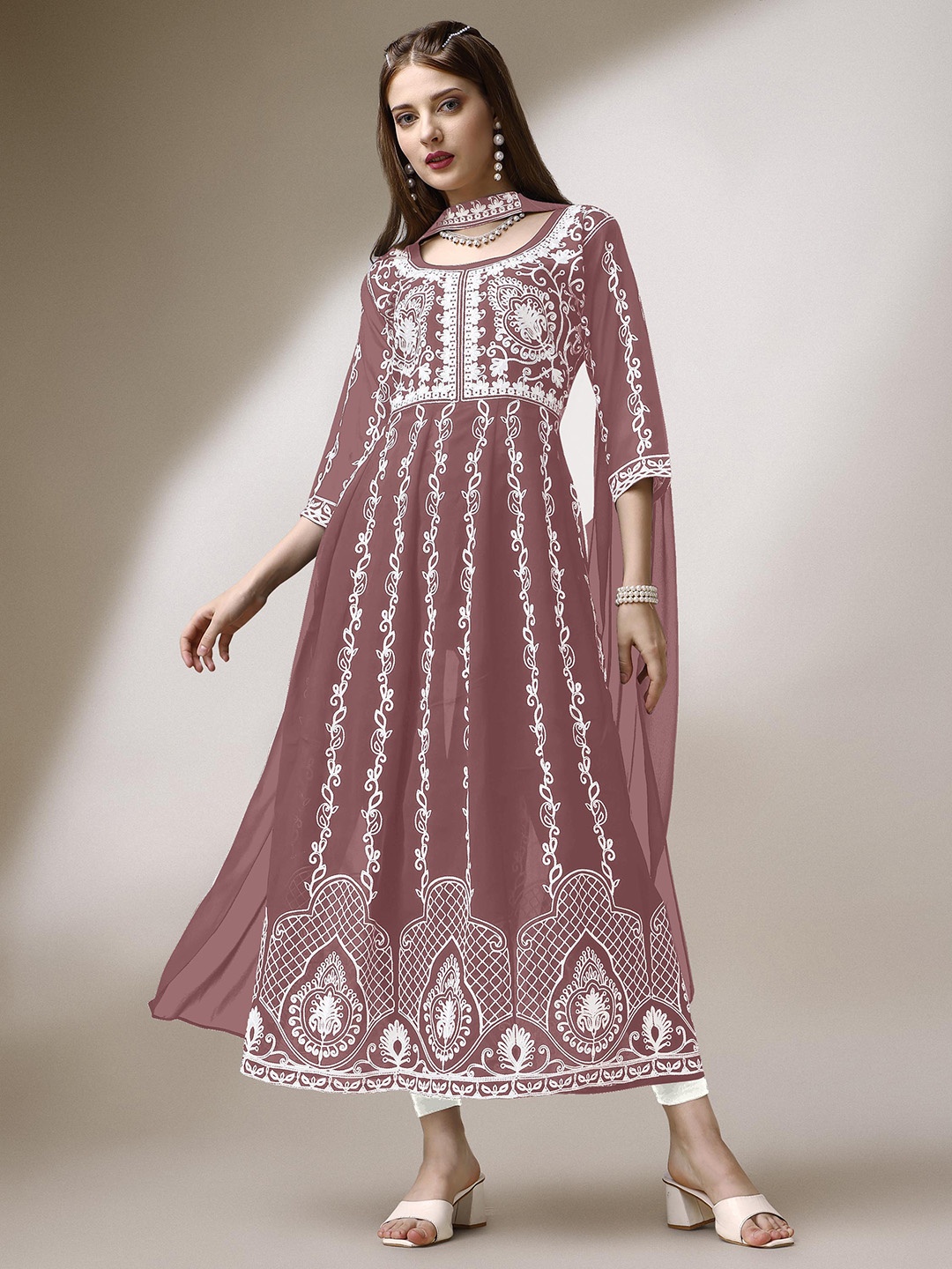 

Shree Ramkrishna Fab Ethnic Embroidered Chikankari Georgette Anarkali Kurta with Dupatta, Brown