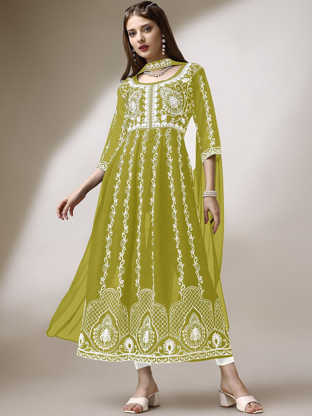 

Shree Ramkrishna Fab Ethnic Embroidered Chikankari Georgette Anarkali Kurta with Dupatta, Green