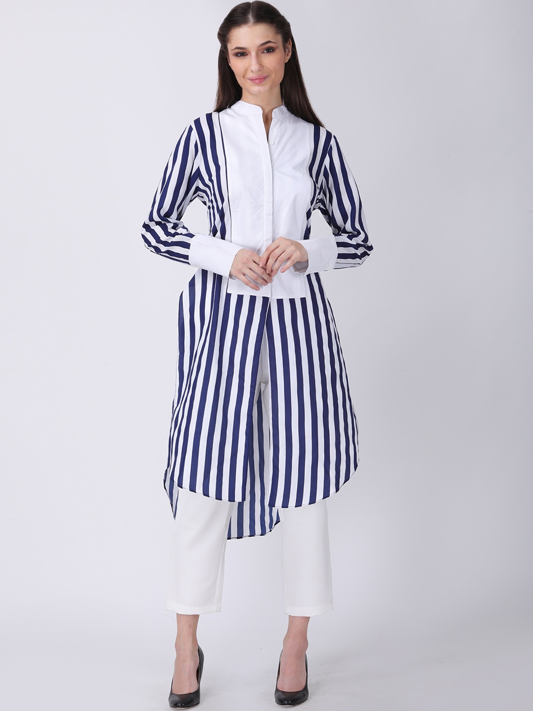 

TSM Striped Mandarin Collar Long Sleeves High-Low Crepe Kurta, White