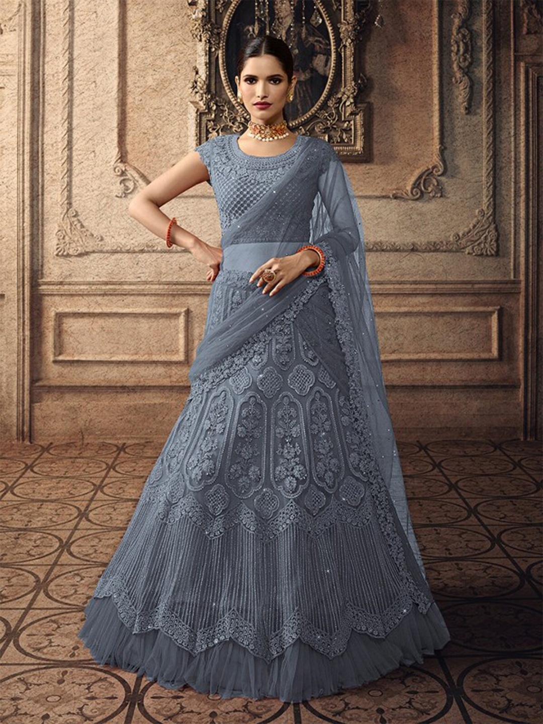 

N N ENTERPRISE Floral Embroidered Semi-Stitched Lehenga & Unstitched Blouse With Dupatta, Grey