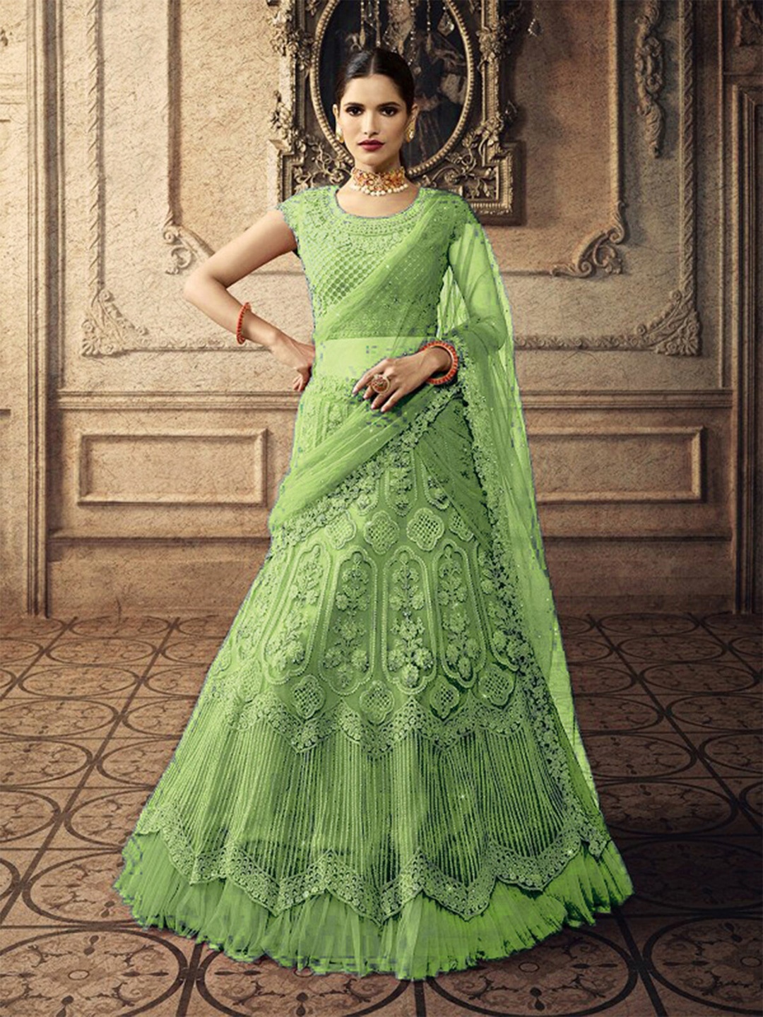 

N N ENTERPRISE Floral Embroidered Semi-Stitched Lehenga & Unstitched Blouse With Dupatta, Green