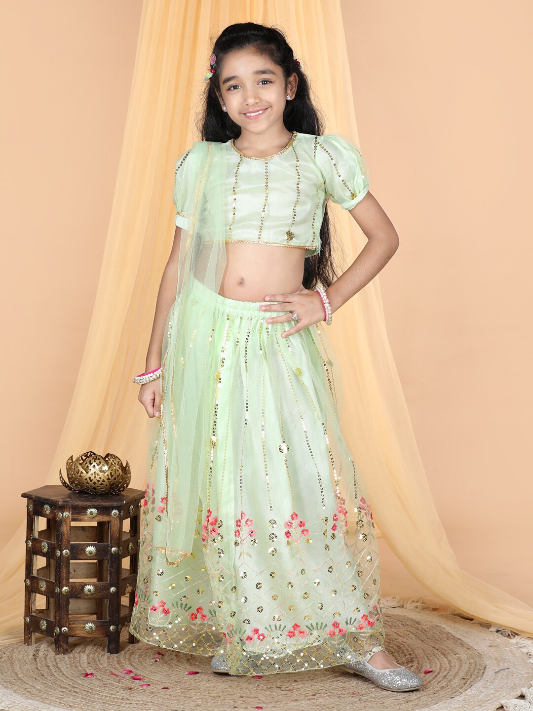 

Cutiekins Girls Embroidered Sequinned Net Ready to Wear Lehenga & Blouse With Dupatta, Lime green