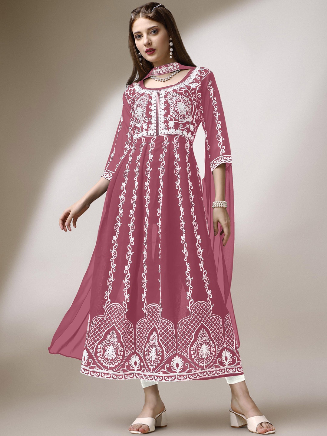 

FabFairy Ethnic Motifs Embroidered Chikankari Georgette Kurta with Dupatta, Pink