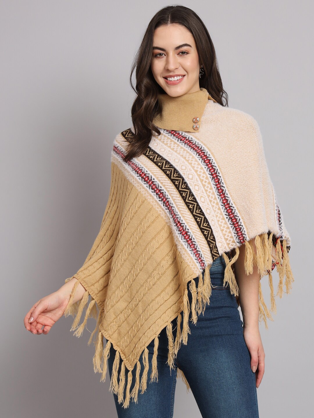 

eWools Striped Turtle Neck Poncho Sweaters, Camel brown