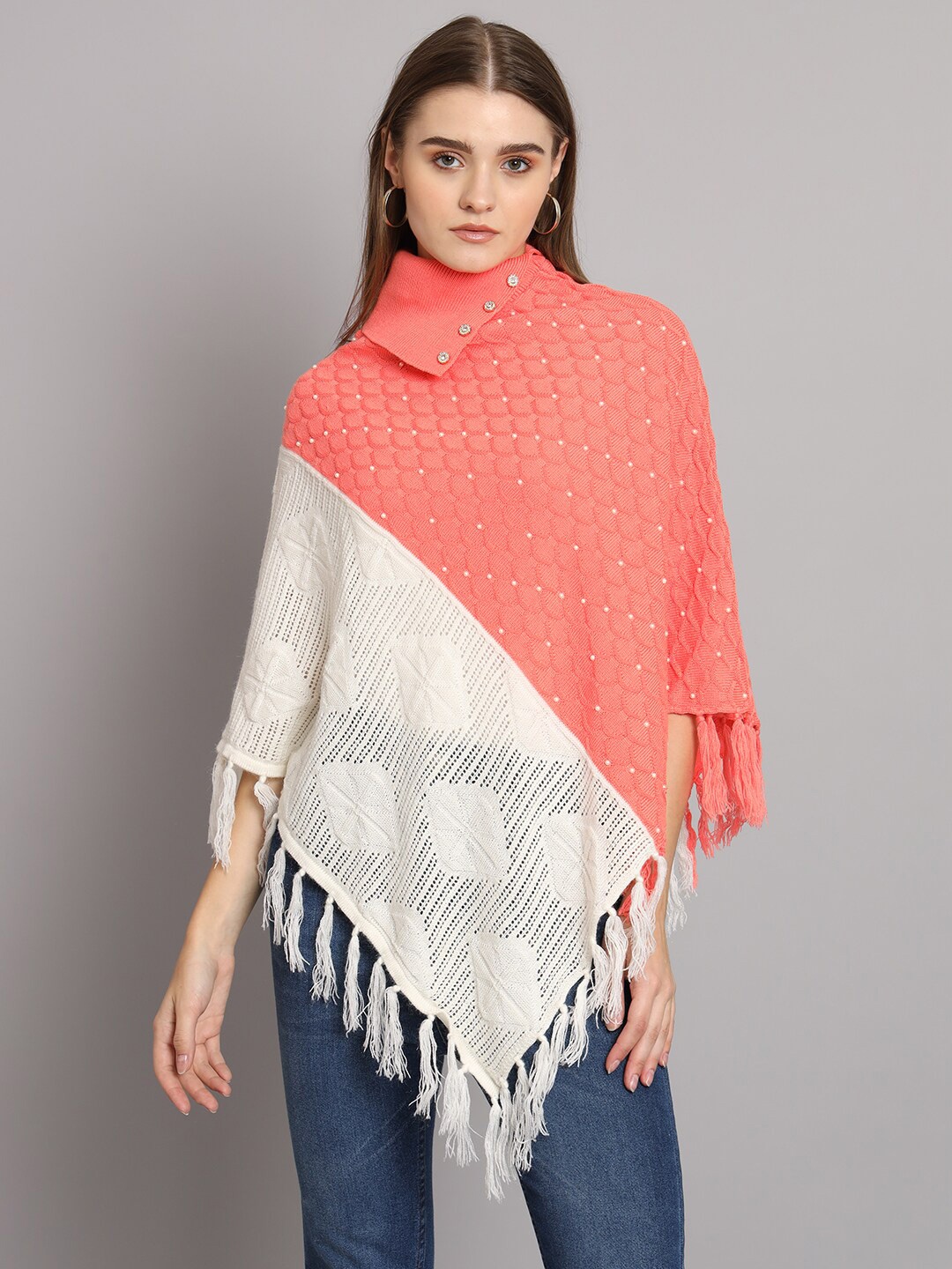 

eWools Geometric Self Design Turtle Neck Embellished Poncho Sweaters, Orange