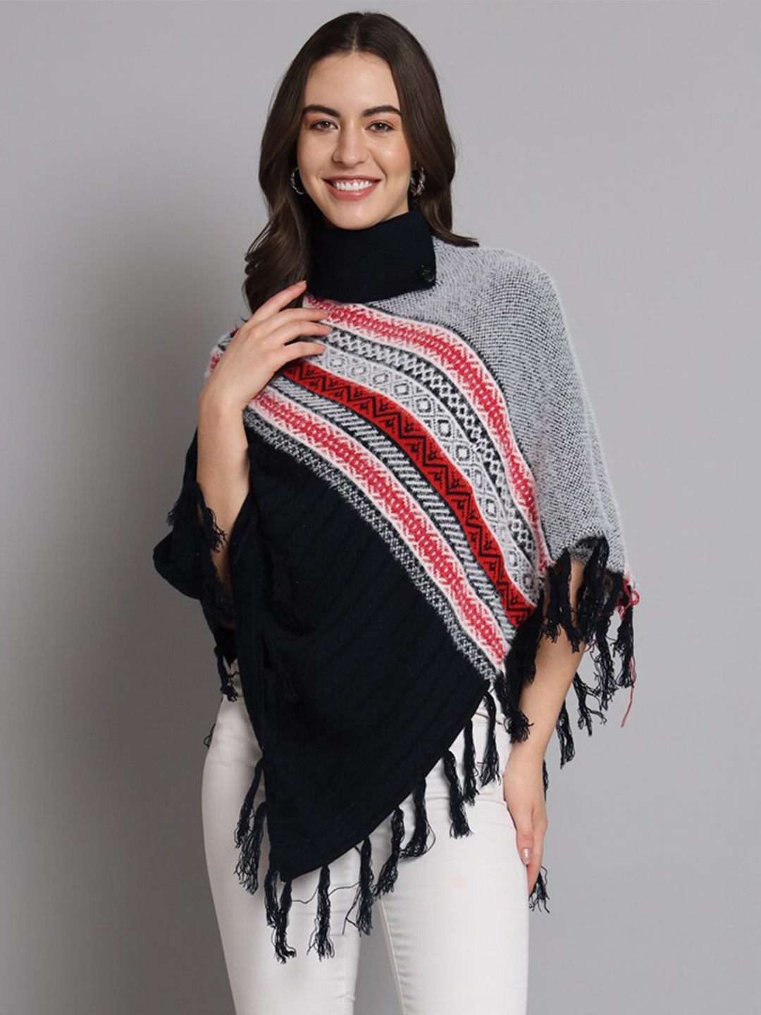 

eWools Striped Turtle Neck Poncho Sweaters, Navy blue