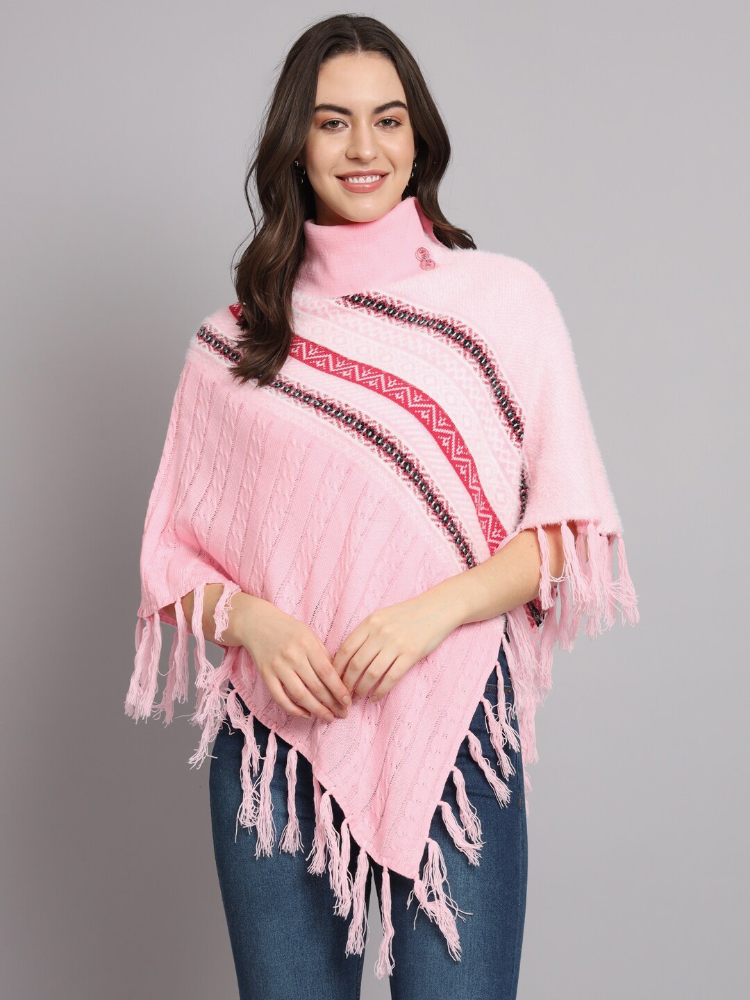 

eWools Striped Turtle Neck Poncho Sweaters, Pink