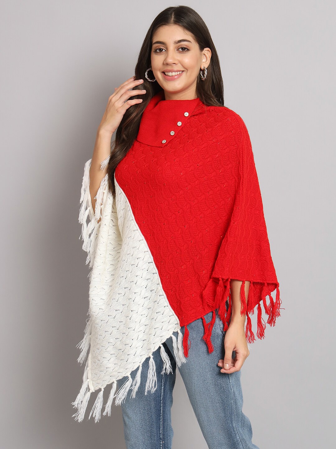 

eWools Geometric Self Design Turtle Neck Embellished Poncho Sweaters, Red
