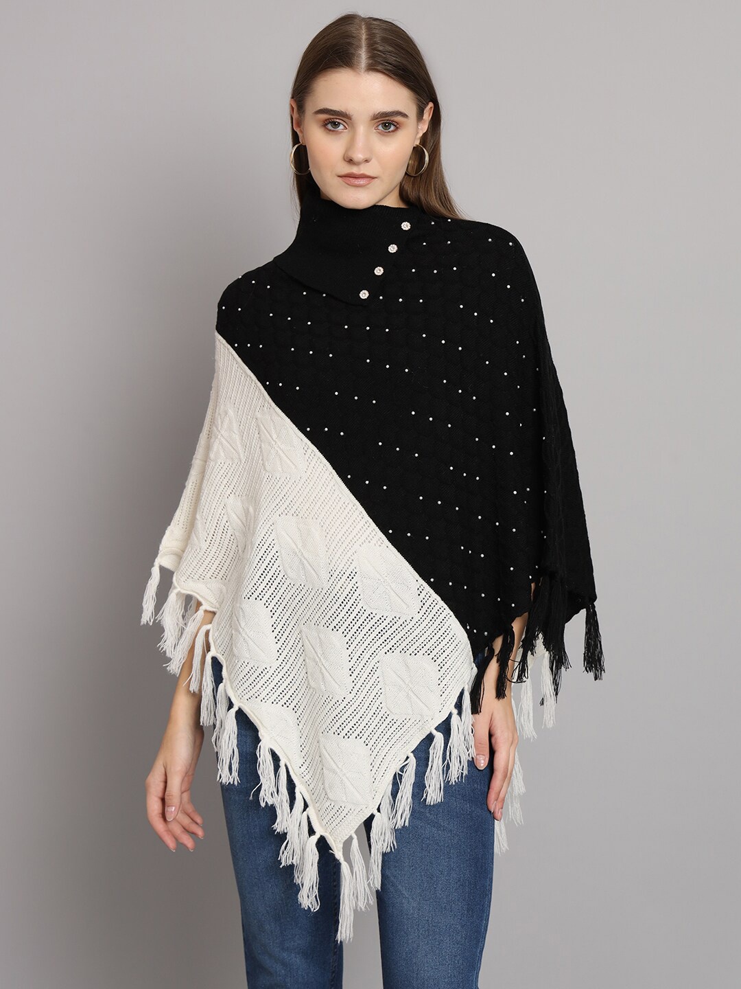 

eWools Geometric Self Design Turtle Neck Embellished Poncho Sweaters, Black