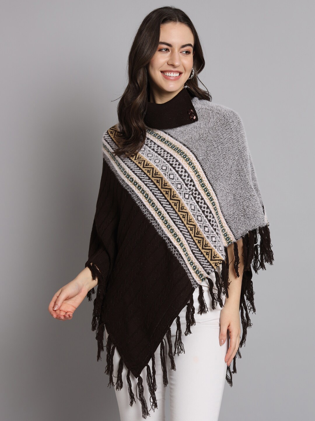 

eWools Striped Turtle Neck Poncho Sweaters, Coffee brown