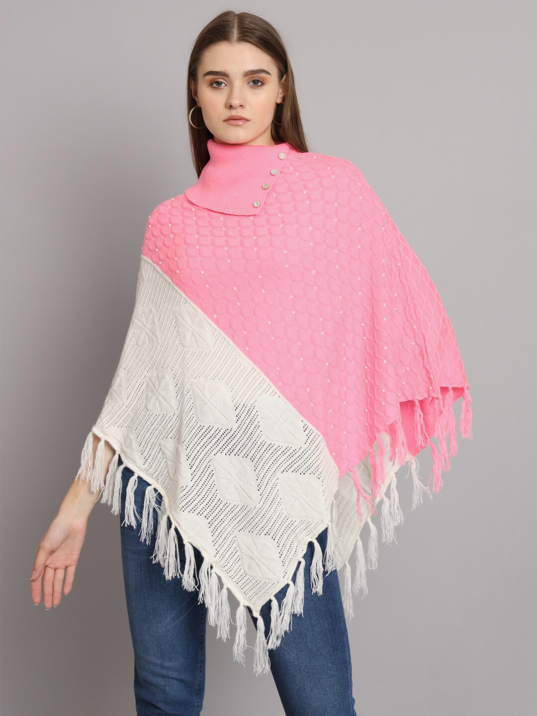 

eWools Colourblocked Turtle Neck Pure Wool Tasseled Embellished Poncho Sweater, Pink