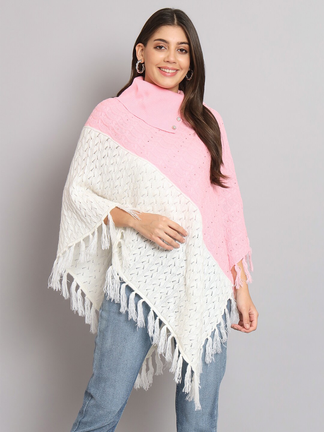 

eWools Colourblocked Turtle Neck Woollen Poncho With Embellished Detail, Pink